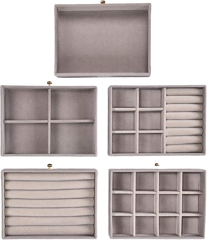 Greenfeather Jewelry Organizer with 7 Removable Drawers, Clear Acrylic Jewelry Box with 16 Necklace Hooks, 48 Pairs of Earring Holes, 5 Velvet-Lined Drawers for Rings, Bracelets, Necklaces,Gray