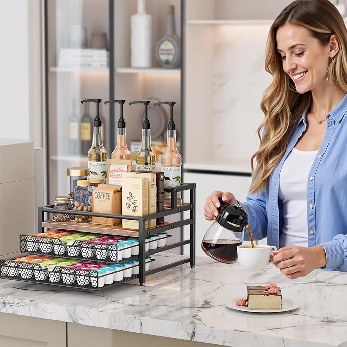 4 Tier Coffee Syrup Rack Organizer, Coffee Bar Organizer with 2 Sliding Drawers for K Cup Holder, Coffee Pod Holder for Coffee Station, Kitchen or Office Countertop, Brown