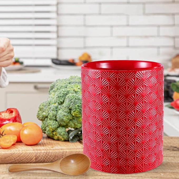 Ceramic Utensils Holder，Extra Large Stable Ceramic Cooking Tool Organizer Set for Kitchen，For Countertop ,Red