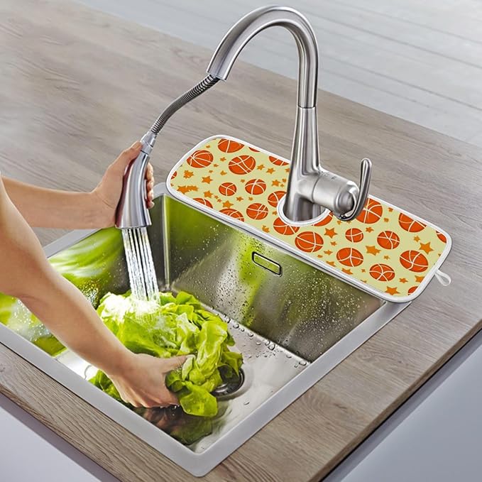 2 PCS Kitchen Sink Splash Guard 23.6 Inch Faucet Mat for Kitchen Sink Bathroom Sink Faucet Absorbing Drip Drain Mat Pad Microfiber Soft Washable Orange and Green Basketball Stars