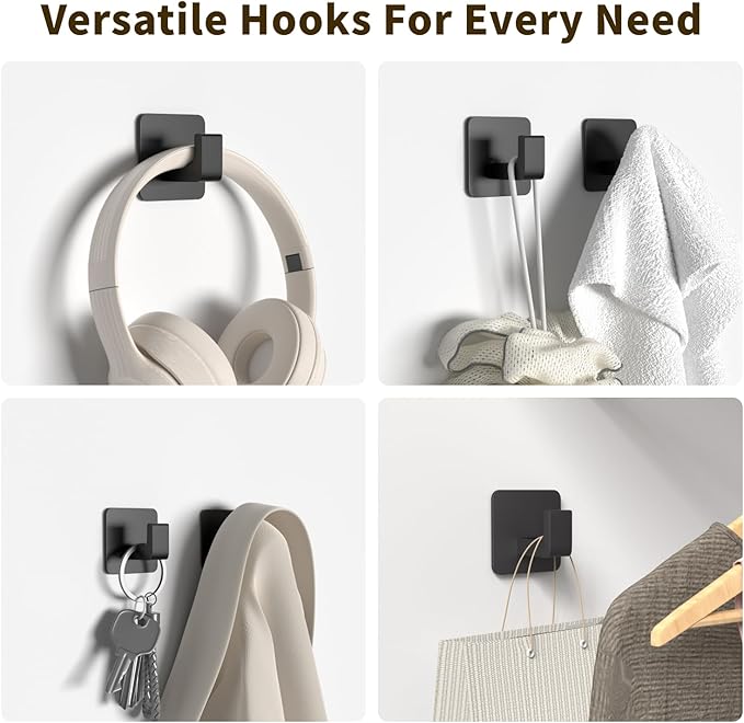 GWAAZXGZ Square Self Adhesive Towel Hooks - 4 Pack Matte Black Metal Hooks, Right-Angle Design for Towels, Robes & Hats, Organize Bathroom, Kitchen, Entryway, Doors, Cabinets on Smooth Surfaces | Square, Right-Angle Design, for Towels, Robes & Hats, Or...