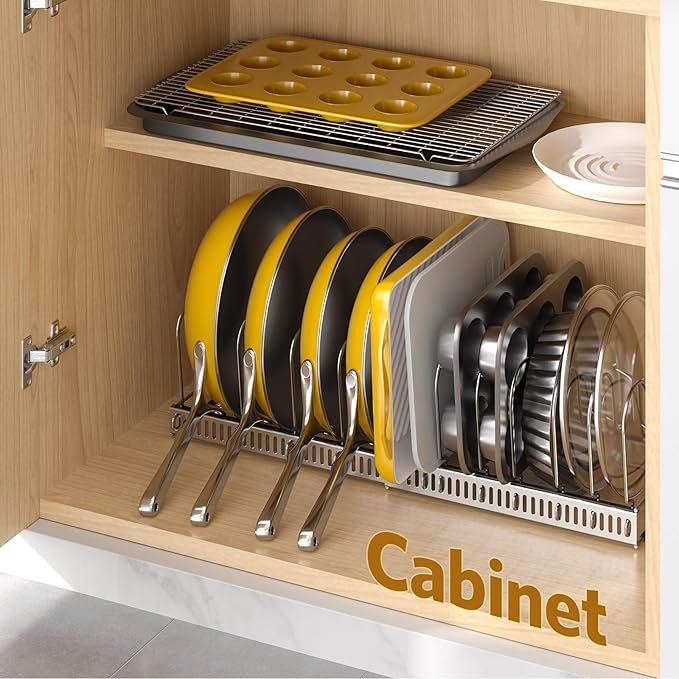 ORDORA Pots and Pans Organizer under Cabinet with Pan Holder: Expandable 11.8"-22.8" Kitchen Cabinet Organizer Rack, 12 Adjustable Dividers Storage for Cookie Sheets, Cutting Boards & Lid, Silver