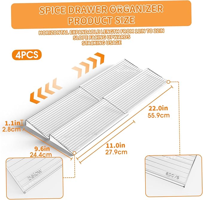 4Pcs Spice Organizer, Clear Plastic Spice Drawer Organizer Large Capacity Slanted Adjustable Seasoning Jars Storage Tray Insert for Kitchen Drawer