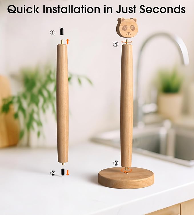 KitchLife Cute Wooden Paper Towel Holder Countertop - Solid Freestanding Paper Towel Dispenser Stand Organizer with Anti-Skid Base (Panda)