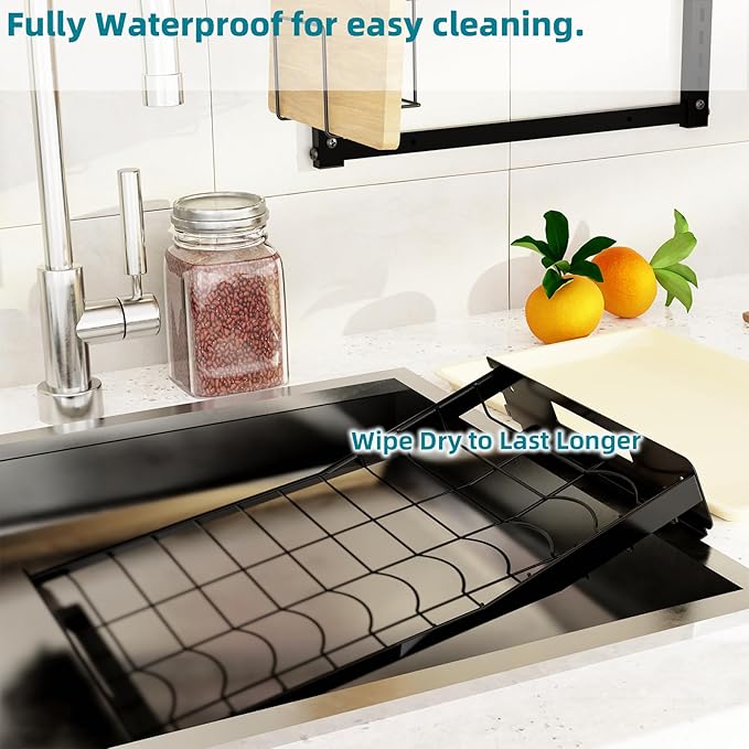 Hanging Wall Mounted Dish Drying Rack Set with Detachable & Removable Layer*2, Hook*4, Drain Tray*2, Apartment & RV Wall Mounted Dish Rack, Adhesive Mountable, Length: 15.9", Washable (Black)