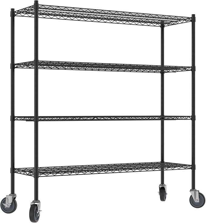 Commercial NSF Listed Black Epoxy Mobile Wire Shelving Kit 18" x 54" x 60", with 4 Shelves Perfect for Warehouse, Walk-in Refrigerator, Freezer, Grocery Store, Restaurant, Dishroom