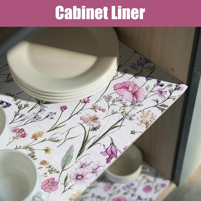 Vuacepe Drawer and Shelf Liner for Kitchen Cabinets,Non-Adhesive Drawer Liner,Non-Slip Floral Shelf Liners,Strong Grip Waterproof Easy to Clean Cabinet Liners for Drawers Cupboard Shelves 16IN×10FT