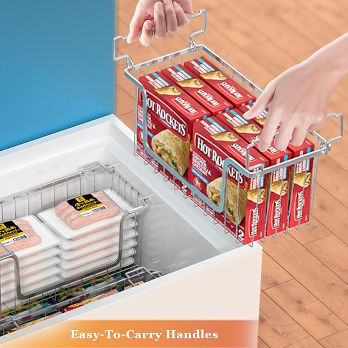 Orgneas Stacking Freezer Organizer Bins for 5.0Cu.Ft Chest Freezer, Small Stackable Chest Freezer Baskets Metal Wire Kitchen Pantry Storage Open Front Deep Freezer Bins with Foldable Handles, Set of 4