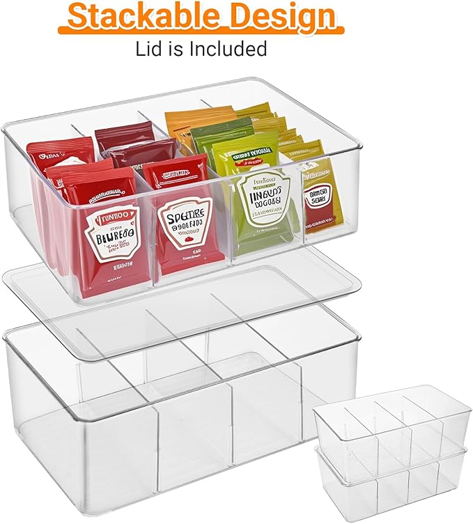 2 Pack Sauce Packet Organizer, Storage Box for Ketchup Packets, Hot Sauce Packets, and Condiment Packets, Made of Clear Plastic, Suitable for Kitchen Storage, Refrigerator Storage, One Lid Included