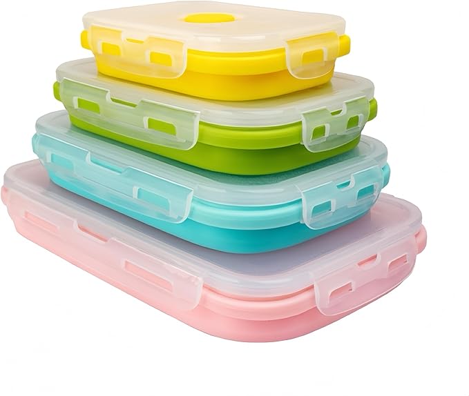 CozyKit Set of 4, Collapsible Silicone Food Storage Container, Leftover Meal Box for Kitchen, Lunch Boxes with Clip-on Lid, Stackable, Space Saving, Dishwasher Safe, BPA Free