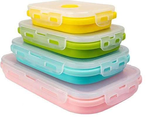 CozyKit Set of 4, Collapsible Silicone Food Storage Container, Leftover Meal Box for Kitchen, Lunch Boxes with Clip-on Lid, Stackable, Space Saving, Dishwasher Safe, BPA Free
