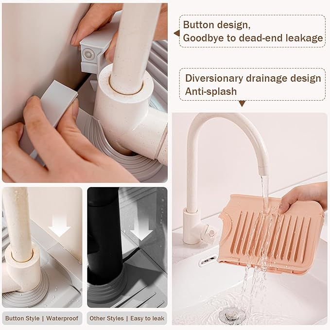 Longer Silicone Faucet Mat for Kitchen Sink – Button Style Faucet Drip Catcher & Leak-Proof Sink Splash Guard with 6° Slope, Behind Faucet Draining Mat,Gadgets for Bathroom (pink, small)