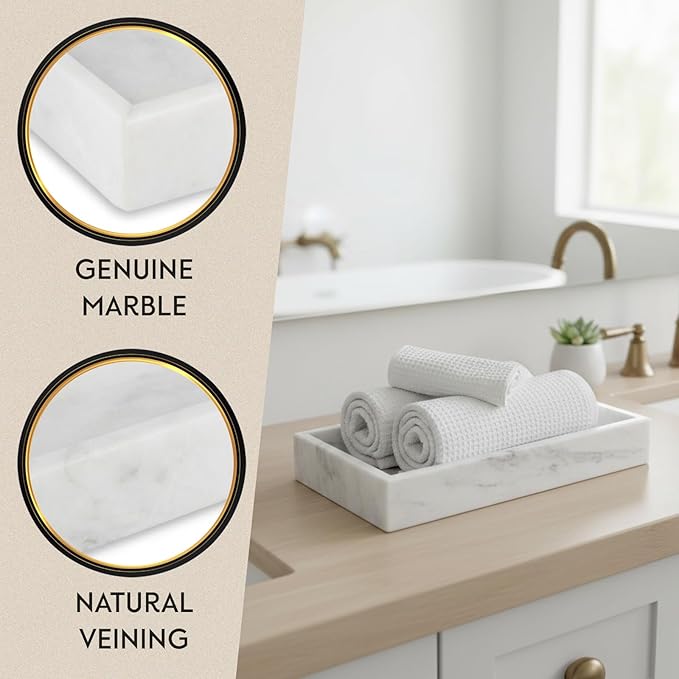 Bey-Berk White Marble Napkin Holder - Guest Towel Tray for Bathroom, Kitchen Counter, and Outdoor Use