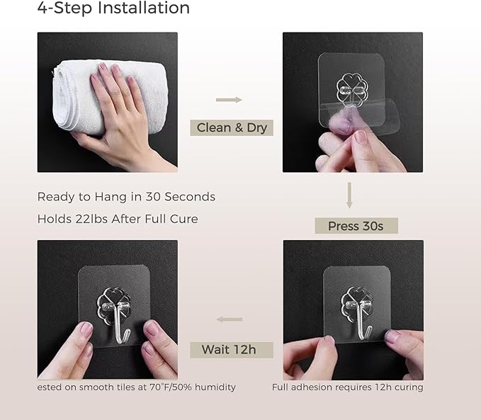 Adhesive Wall Hooks,Heavy Duty Hooks for 22lb, Clear No Drill Wall Hooks for Tile Glass, Waterproof & Removable, Home, Bathroom, Kitchen, Office, and Outdoor 10 Pack