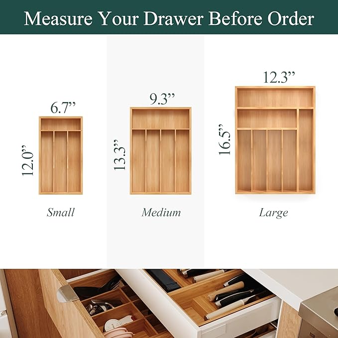 Bamboo Silverware Organizer, Kitchen Drawer Organizer, Utensil Holder, Cutlery Tray & Spoon Flatware Storage with Grooved Drawer Dividers (7 Slots, Natural)