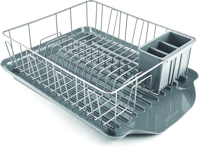 Farberware 3-Piece Large Capacity Dish Drying Rack Set with Drainboard and Utensil Holder, Rust-Resistant Kitchen Counter Dish Drainer