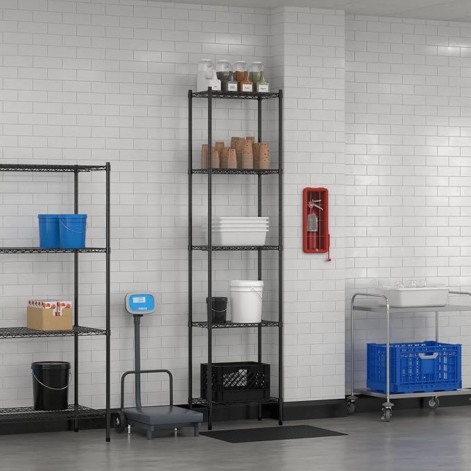 Commercial NSF Listed Black Epoxy Stationary Wire Shelving Kit 14" x 24" x 96", with 5 Shelves Perfect for Warehouse, Walk-in Refrigerator, Freezer, Grocery Store, Restaurant, Dishroom