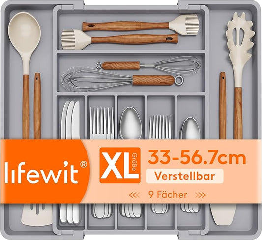 Lifewit Silverware Drawer Organizer, Expandable BPA Free Plastic Utensil Tray for Kitchen, Adjustable Flatware Cutlery Holder for Spoons Forks Knives, 13-22.3 x 16.7", Gray