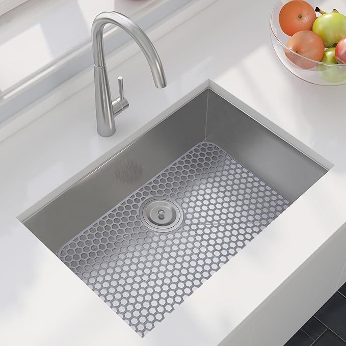 Myirxcv Silicone Sink Mat 25.78"x 14" Heat Resistant Sink Protectors for Kitchen Sink Bottom, Non-Slip Faucet Mat for Stainless Steel（Rear Drain）