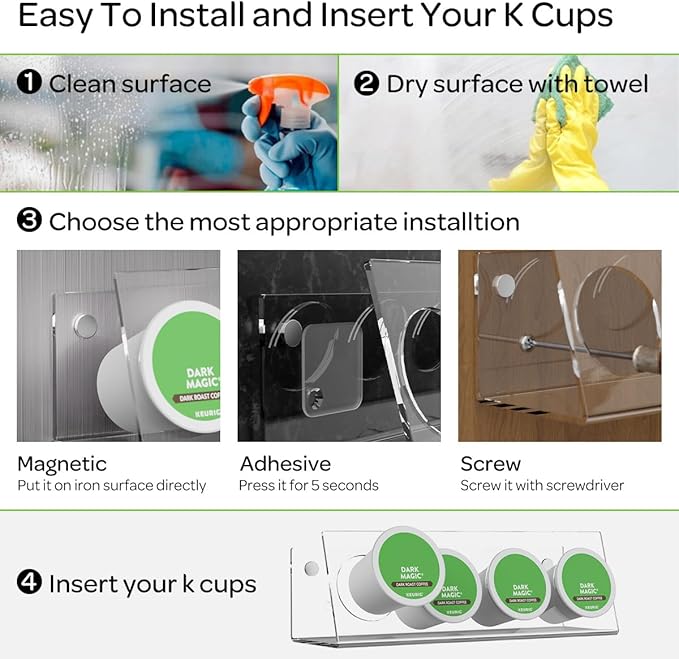 K Cup Holders, Acrylic Coffee Pods Organizer Stand Magnetic & Self-Adhesive Wall Mounted K Cup Stand for Kitchen Wall, Cabinet, Fridge (4 Pack for 16 Pods)