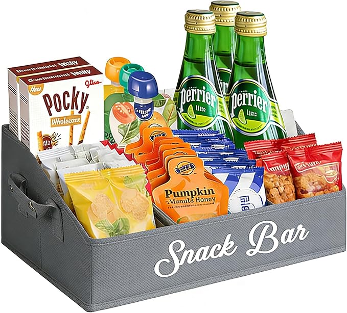 Snack Organizer for Countertop, Snack Basket with Adjustable Compartments via Velcro, 6 Compartment Food Container, Basket for Snacks with PU Handles, Gray