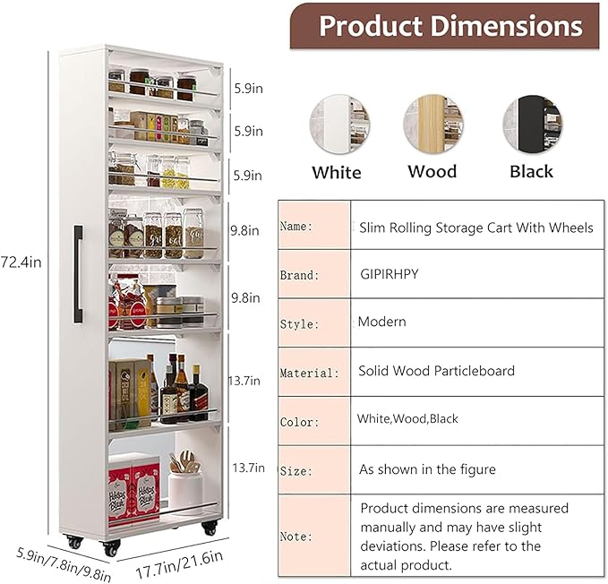 7 Tier Slim Rolling Storage Cart With Wheels,narrow Spice Rack Organizer Cabinet Next To Fridge,space-saving Wood Storage Organizer For Kitchen,pantry,laundry(D 21.65 x H 72.4 x W 7.87 IN, Wood)