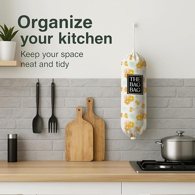 Plastic Bags Holder for Kitchen, The Bag Bag Grocery Bags Holder for Kitchen Essentials, Reusable Hanging Grocery Sack Organizer, Floral Reusable Trash Sack Storage Dispenser to Home Decor