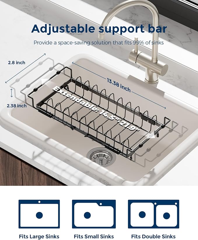 Nacial Small Dish Drying Rack with Utensil Holder, Expandable Dish Rack Over Sink with Auto-Drain Tray, Compact Dish Drainer for Kitchen Counter, Stainless Steel Dish Rack Fits 14''–21.8'' Sink, Black