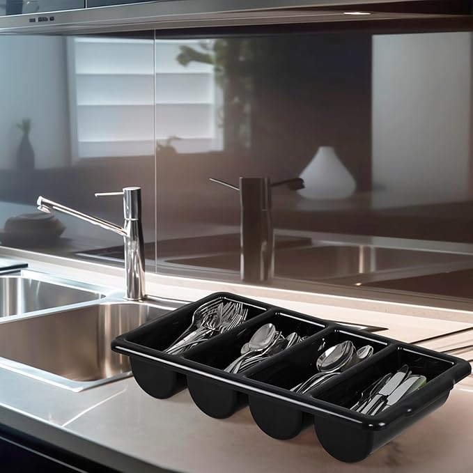 4 Pack Silverware Bin with 4 Compartment, Plastic Cutlery Trays for Restaurant, Black