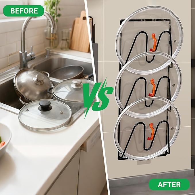 2 Pack Pot Lid Organizer for Cabinet Door Wall, 3-Tier Stainless Steel Wall-mounted Pot Lid Rack Holder inside Cabinet Door, Anti-slip No Drilling Rustproof Pot Lid Organizer for Kitchen Storage