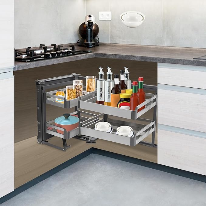 Blind Corner Cabinet Pull Out Organizer - 4-Basket Hidden Corner Storage with 115° Opening, Stainless Steel & Iron Construction, 15.43LBS Load-Bearing for Kitchen Cabinets (Silver/Black)