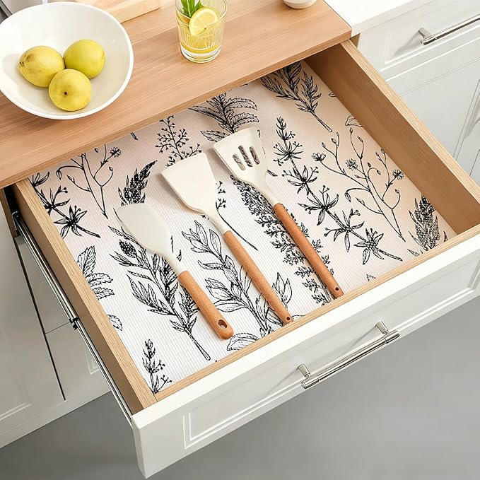 Quttisay Shelf Liner for Kitchen Cabinets,Non Adhesive Cabinet Liner,Non-Slip Drawer Liner,Waterproof Shelf Liner Easy to Clean Strong Grip Liner for Cabinets,Drawers,Cupboard，(Floral 17.3in x16.4FT)