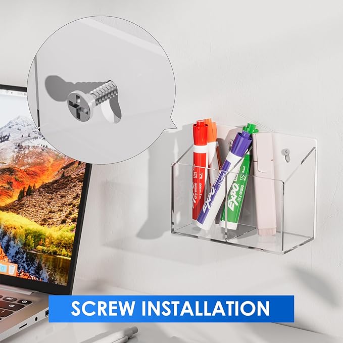 MaxGear Magnetic Dry Erase Marker Holder, 2 Compartments Clear Acrylic Pen & Marker Organizer with Screws & Strong Magnet for Whiteboard, Fridge, Wall & Locker, Holds 9-18 Markers/4 Erasers