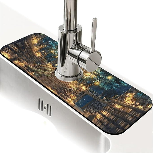 Kitchen Sink Splash Guard，Magical Library Faucet Mat Sink Gadgets-Super Absorbent Fast Drying Mat Drip Catcher for Kitchen, Bathroom,Sink Mat, Dish Drying Mat, Bathroom(15" X 5.5" )