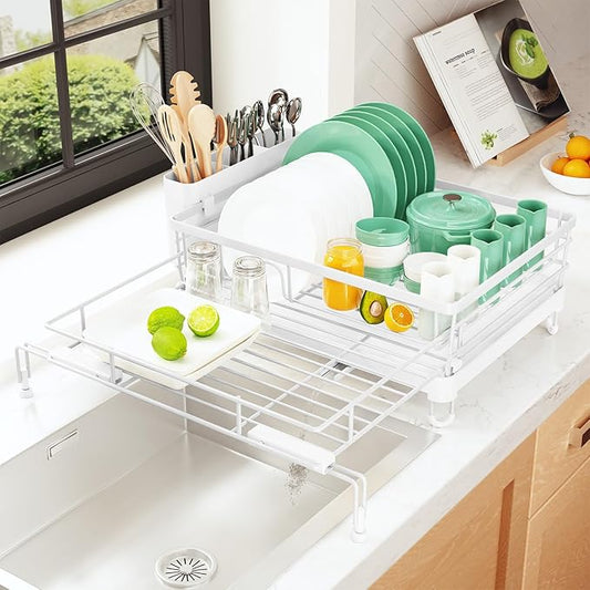 Kitsure Extendable Dish Drying Rack - Rust-Resistant Dish Racks for Kitchen Counter with Adjustable Support Legs, Cutlery Holder & Removable Draining Tray (White, 15.6''-25.2''L × 16.9''W × 8.1''H)