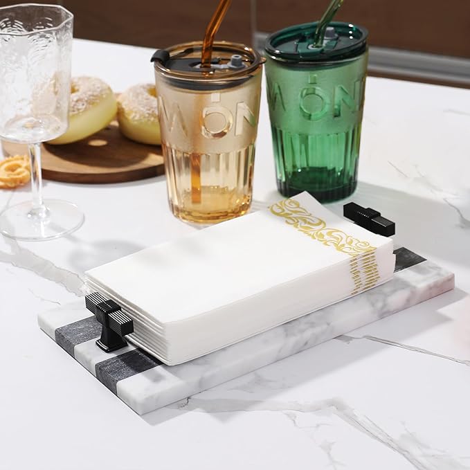 Decorative Marble Hand Towel Holder for Bathroom Disposable Paper Towels Tray Guest Towels Holder Formal Dinner, Guestrooms and Restrooms Marble Tray Vanity Tray Black Color Handle