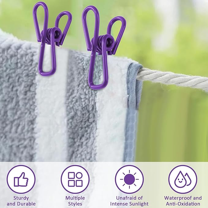 Multipurpose Metal Bag Clips - 2 Inch Colorful Sealer for Sealing Food, Paper Holder, Clothesline Clip for Laundry Hanging, Kitchen Bags (Purple, 24PCS)