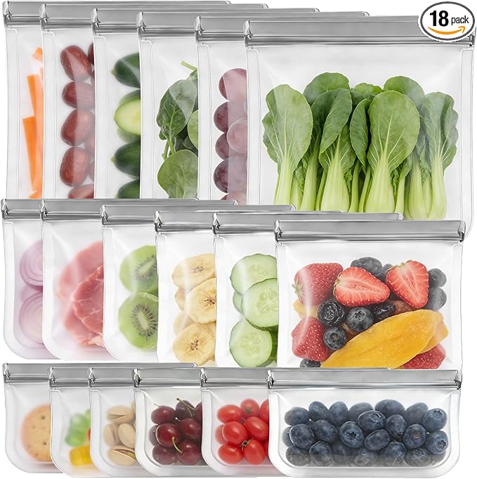 SZTCECDM 18 Pack Reusable Zip Lock Bags Silicone, 3 Sizes Leak Proof Freezer Bags, Food Storage Bags Keep for Fresh Fruits Veggie - 6 Gallon 6 Sandwich 6 Snack (Grey)
