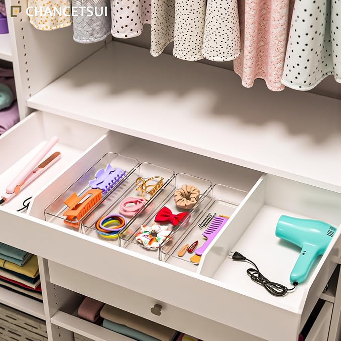 CHANCETSUI Clear Vanity Drawer Organizer Storage : Stackable Plastic Storage Tray For Makeup And Personal Care, 4 Pieces, 3x9 Inch