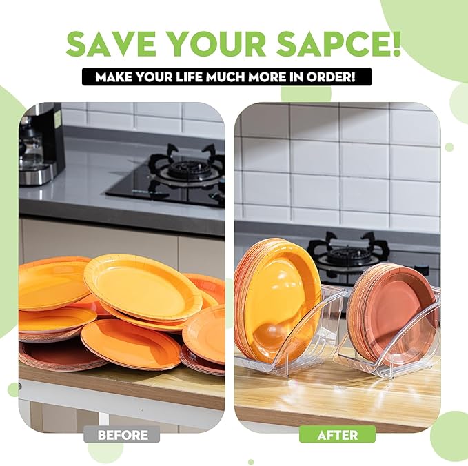 Ziliny 4 Pcs 10 Inch Paper Plate Holder Plastic Dinner Dish Drainer Paper Plate Dispenser Organizer for Kitchen Cabinets Storage Rack Dish Cradle for Countertop