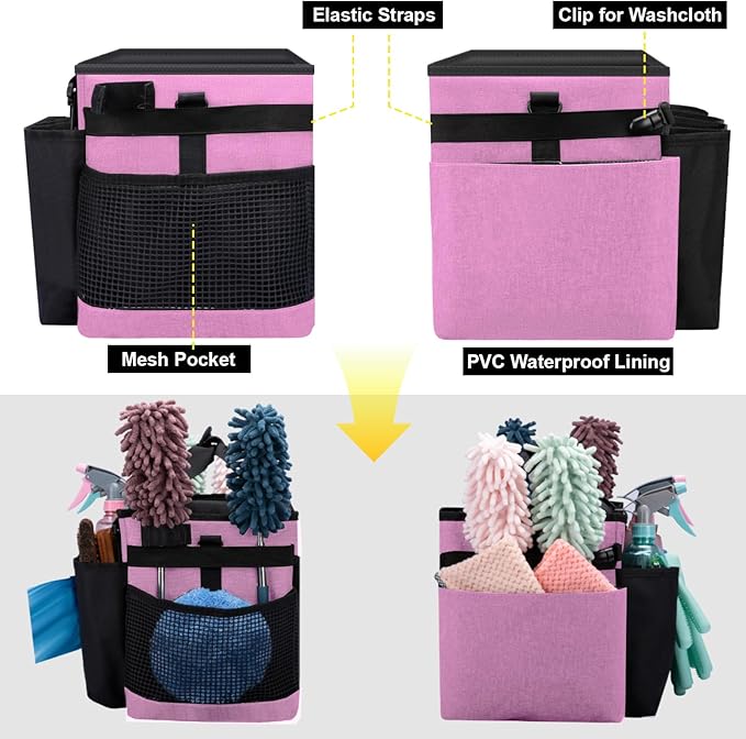 Wigojoy Wearable Large Cleaning Caddy Bag for Housekeeper, Clean Supply Organizer with Adjustable Shoulder, Waist & Handle Straps, Detailing Bag for Kitchen Supplies (Pink)