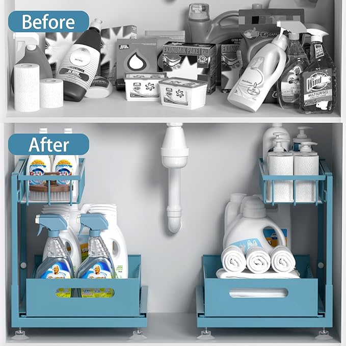 Under Sink Organizer, L shaped 2 Tier Pull Out Under Sink Organizer with Adjustable Height, Premium Metal Sliding Basket Shelf for Kitchen Bathroom Cabinet Storage Pack of 1 Teal