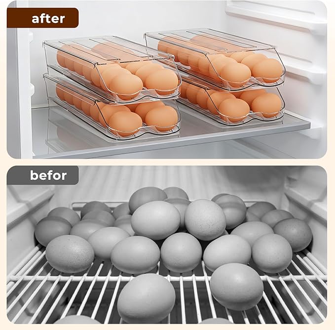 BOBELA Egg Holder for Fridge,Automatic Rolling Egg Container for Refrigerator,Clear Stackable Egg Organizer with Removable Lid for Fridge Organizers and Storage,3 pack