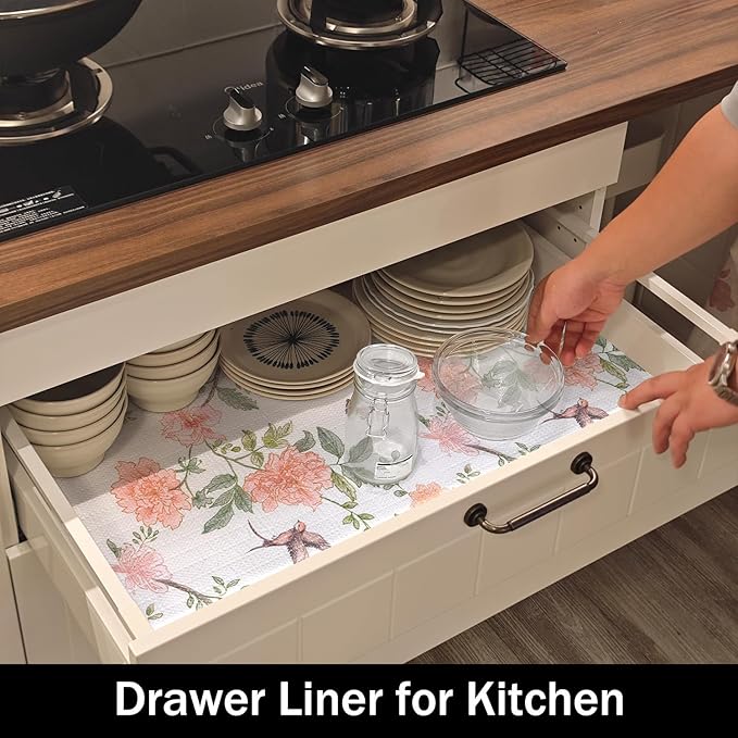 Amiitay Bird Floral Shelf Liners Non Adhesive and Strong Non-Slip Shelf and Drawer Liners for Kitchen Cabinet Wire Fridge, Waterproof Shelf Drawer Liner,Easy to Clean,12IN x 10FT