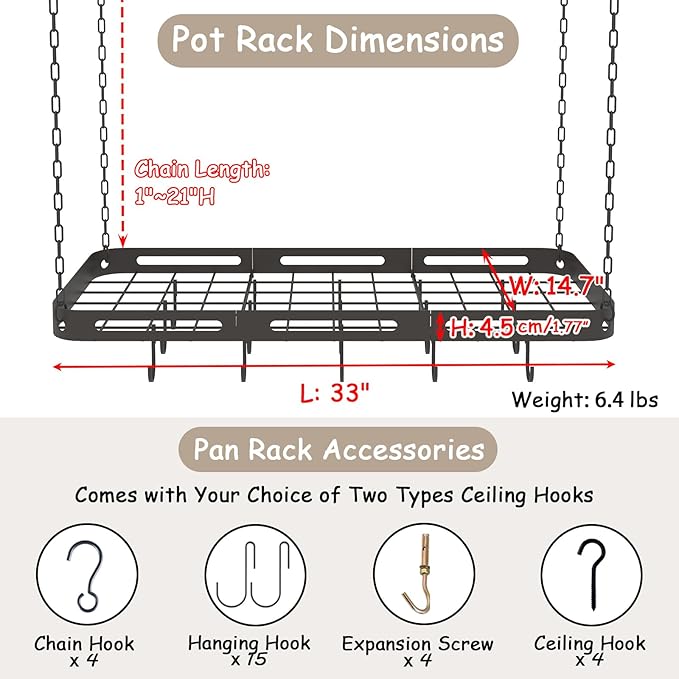 33” Pots and Pans Hanging Rack, Black Hanging Pot Rack Ceiling Mount with 15 Hooks, Heavy-duty Metal Square Kitchen Ceiling Pot Rack, Pot and Pan Hanger for Kitchen Cookware Utensils