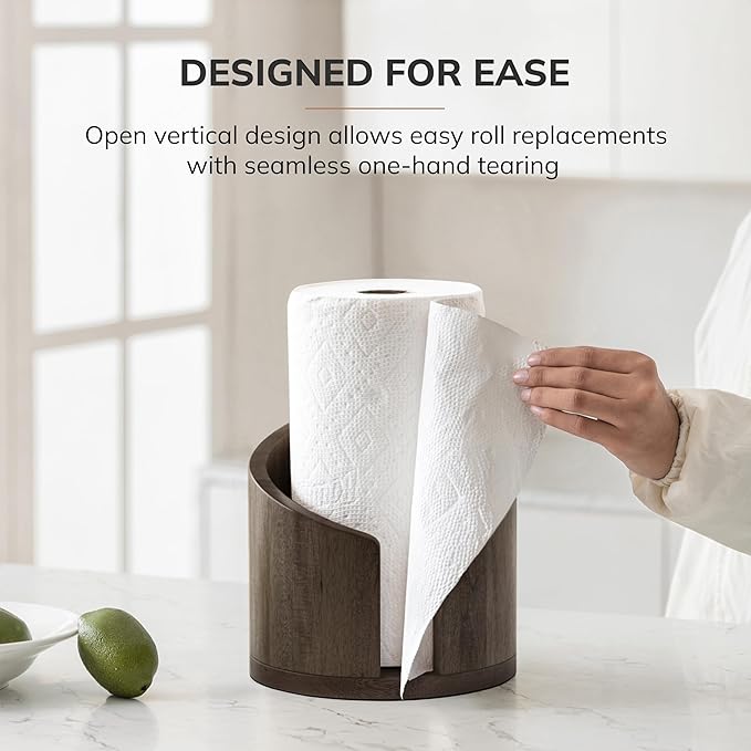 Anji Mountain Paper Towel Holder Countertop with Mango Wood Round Base and Iron Holder,Holder Stand for Kitchen Roll Organize,Wooden Paper Towel Holder for Kitchen Dining Table Home Decor