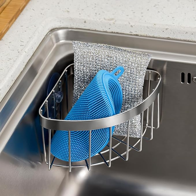 Housoutil Suction Sponge Holder, Movable 90°corner Sink Caddy Ith Strong Suction Cup, Stainless Steel Hollowed-out Caddy for Kitchen Bathroom