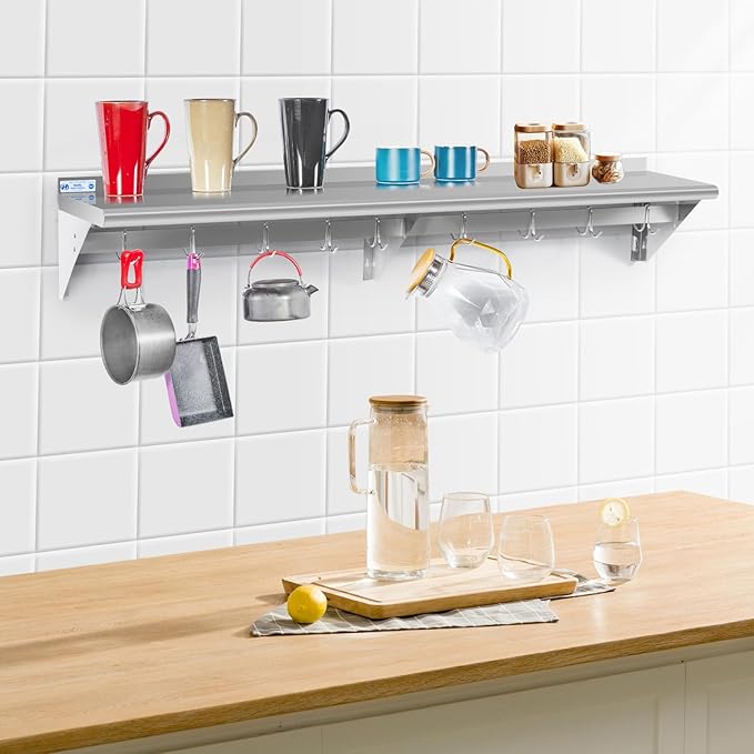 Hally Stainless Steel Shelf with 8 Hooks 14" x 72" Wall Mounted Pot Rack 400lb, NSF Commercial Floating Shelving for Storage Hanging Pots, Pans, cookware in Restaurant, Kitchen, Home and Hotel