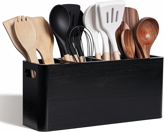 Extra Large Farmhouse Utensil Holder for Kitchen Counter, Large Wooden Utensil Holder with 4 Compartments, Black