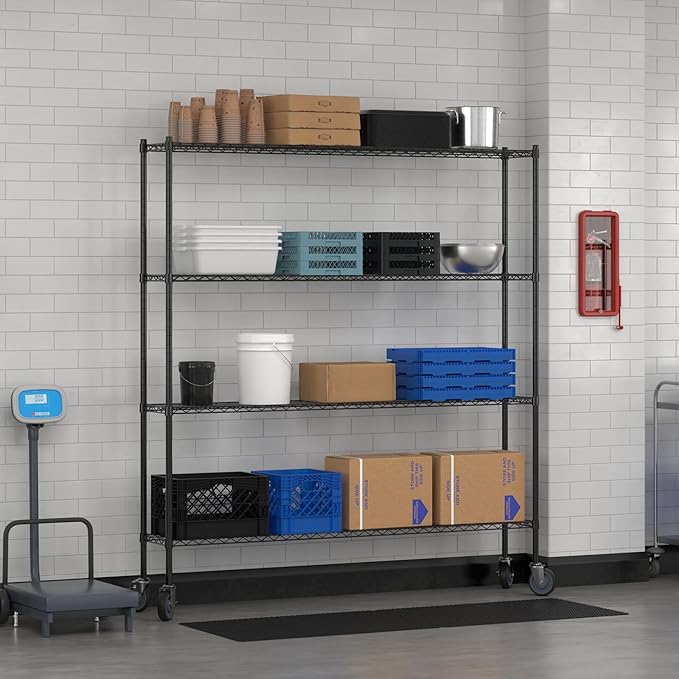 Commercial NSF Listed Black Epoxy Mobile Wire Shelving Kit 12" x 72" x 80", with 4 Shelves Perfect for Warehouse, Walk-in Refrigerator, Freezer, Grocery Store, Restaurant, Dishroom